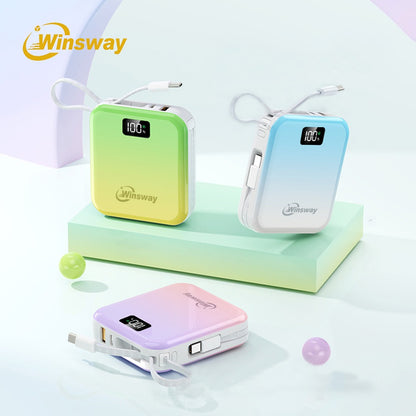 Mini Compact Power Bank 10000mAh Winsway 22.5W Fast Charging – Built-in Dual Cables USB-C & USB-A, Gradient Design, LED Display, Ultra-Lightweight Portable Charger for Travel Boarding Outdoor Gift