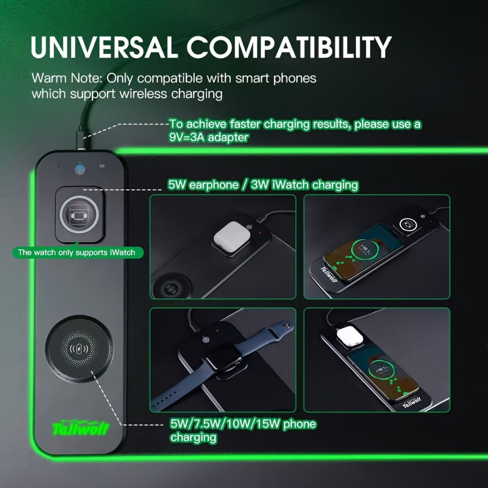 3-in-1 Wireless Charging Mouse Pad RGB – 15W Qi Charger for Phone, Watch & Mouse, 10 LED Modes, Magnetic Rechargeable Mouse Included, 800×300mm Extended Gaming Desk Mat