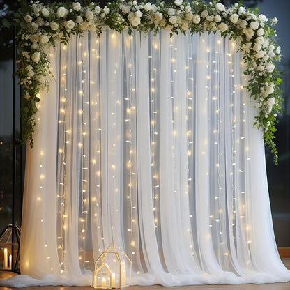 White Velvet Backdrop Curtains with String Lights 2pcs 5.2x10FT Sheer Background Decoration for Wedding Birthday Party Photo Booth Photography Stage Decor USB Powered Fairy Lights Included