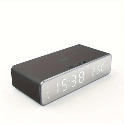 Alarm Clock Wireless Charger with Thermometer 3-in-1 LED Fast Charging Pad for iPhone & Android – 3 Alarms, 12/24H Display, Celsius/Fahrenheit, Power Saving Mode | Bedside Nightstand & Desk Gadget | Black & Silver