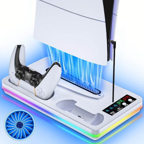 PS5 Cooling Stand with Dual Controller Charging Dock – Compatible with PS5/Slim/Pro Standard & Digital Edition, 3-Speed Fan, 10 RGB Lights & USB Hub, PlayStation 5 Gaming Accessories