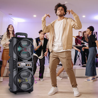 Portable PA Speaker with Dual Woofer & Disco LED Lights - Bluetooth Subwoofer, FM Radio, AUX USB Mic Guitar Input, Wired Microphone & Remote Control, 1800mAh Battery, Indoor Outdoor Party