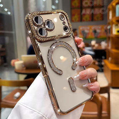 Diamond Side Magnetic iPhone Case for iPhone 17 16 15 14 13 Pro Max Plus Air 16e – Luxury Rhinestone Shiny Electroplated Wireless Charging Supported Protective Cover
