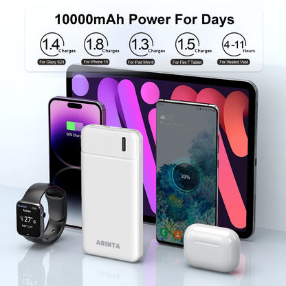 10000mAh Slim Power Bank PD 22.5W Super Fast Charging – Dual USB-A Output, 20W USB-C Input/Output, Lightweight Travel Portable Charger for Smartphones, Tablets & Heated Clothes, Gift for Men & Women