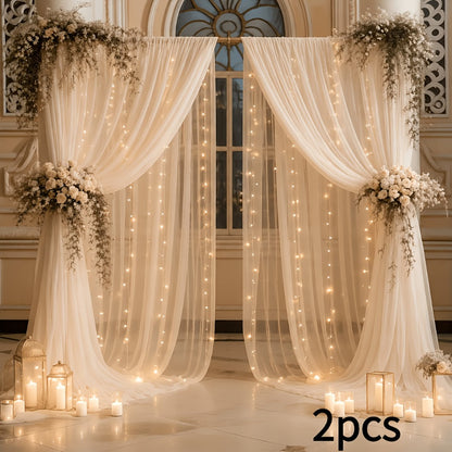 Champagne Tulle Backdrop with String Lights 5.2x10Ft 2pcs Sheer Curtain Photo Booth Props Wedding Party Background Decoration Non-Porous