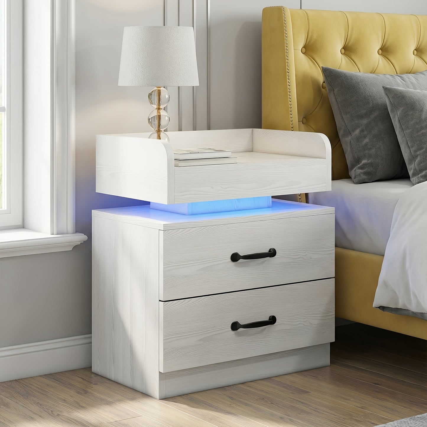 Bedside Table with Charging Station & LED Lights – Modern Wooden Nightstand with Drawer & Open Shelf | Black or White | 1pc or 2pcs Set | Bedroom Living Room End Table | Housewarming Gift