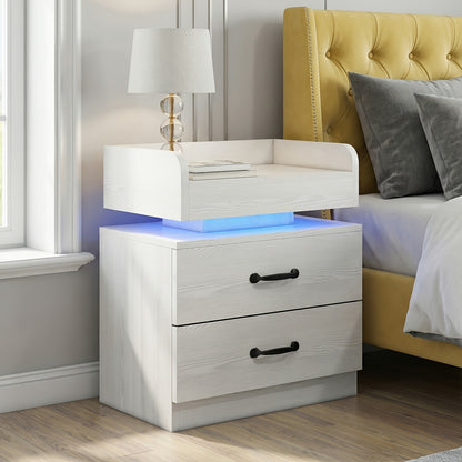 Bedside Table with Charging Station & LED Lights – Modern Wooden Nightstand with Drawer & Open Shelf | Black or White | 1pc or 2pcs Set | Bedroom Living Room End Table | Housewarming Gift