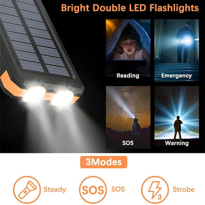 29800mAh Solar Power Bank with Compass & Dual LED Flashlight – Outdoor Camping Portable Charger, Dual USB 5V Output, SOS Emergency Battery Pack for Cell Phones & Mobile Devices, Black/Orange