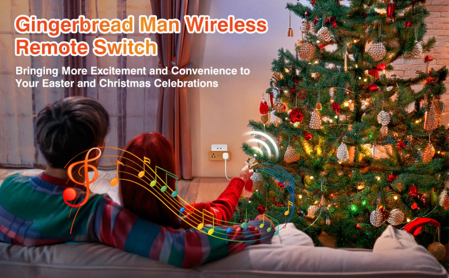 Christmas Tree Remote Control Socket with Built-in Music Function – Wireless 100-Foot Range Outlet Switch for Holiday Lights & Decorations, Gingerbread Design, Easy Plug-In Setup