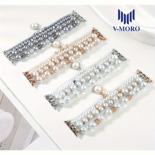 Pearl Watch Band for Apple Watch Series 11 10 9 8 7 6 5 4 3 2 1 SE Bling Jewelry Bracelet Strap Stainless Steel Buckle Elegant Women 38mm 40mm 41mm 42mm 44mm 45mm 46mm 49mm Pearl White Sakura Pink Akoya Champagne Gold
