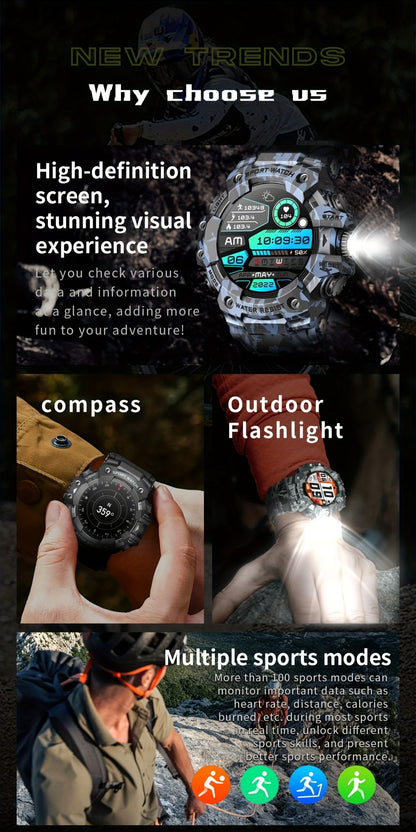 Tactical Smartwatch for Men, LED Flashlight & SOS Emergency, 1.32" TFT Screen, Bluetooth Calling, 100+ Sport Modes, Heart Rate SpO2 Sleep Tracker, Camouflage & Matte Colors – iPhone & Android Compatible