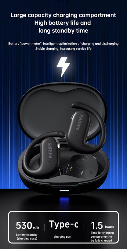 Philips TAT2739 Open Air Earbuds Wireless Bluetooth 5.3 Ear Hook Headphones with Wireless Charging Case – Non In-Ear Open-Back Design, Type-C, Tech Gift for Men Women