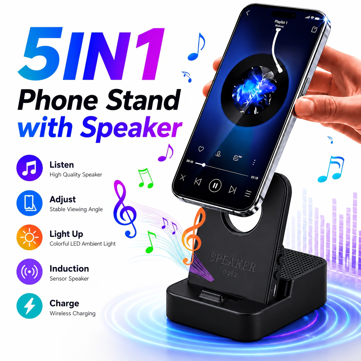 Magnetic Wireless Speaker Stand with Emergency Charging – 360° Adjustable Foldable Phone Holder, Portable Bluetooth Speaker, Compatible with iPhone & Android, for Home, Travel & Office