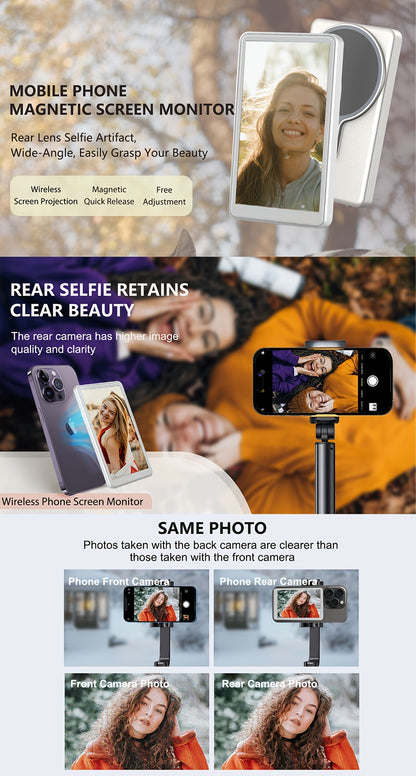 Wireless Selfie Monitor Screen for iPhone Android – 2500mAh Battery, Remote Control, 3-Level Brightness & Wide Screen Mode, Use Phone Rear Camera for Selfie Vlog No-Delay Live Streaming TikTok YouTube