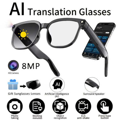 ChatGPT AI Smart Glasses with 8MP HD Camera – Real-Time Translation, Wireless Calling, Blue Light Protection, Dual Mic ENC, Touch Control, Photochromic & Camera-Free Variants for Men Women