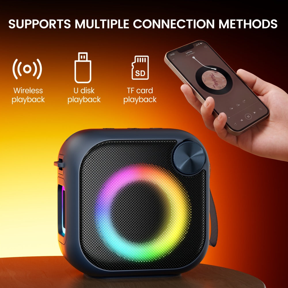 4-in-1 Wireless Portable Bluetooth Speaker with RGB Lighting, HD Sound, Built-in Sling, USB TF Card AUX FM, Type-C Rechargeable, Outdoor Speaker for Cycling Camping Sports Hiking