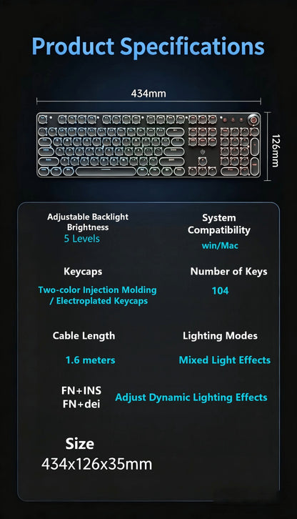 Typewriter Mechanical Keyboard with Green Switches – Retro Punk Style RGB Backlit Wired Gaming & Office Keyboard with Volume Knob, Compatible with PC Laptop Mac – Unique Gift for Her & Him