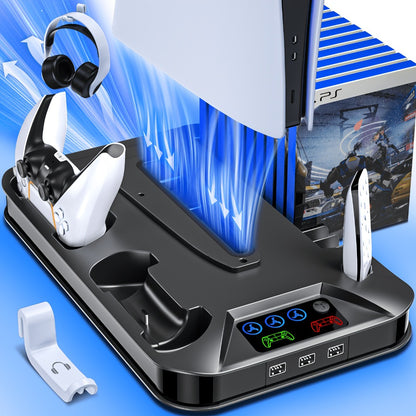PS5 Pro Slim Cooling Station with Controller Charging Station for PS5/Slim/Pro Standard & Disc/Digital Console, Stand Cooler Accessories with Cooling Fan, 3 USB Hubs, Headset Holder & Screw Included