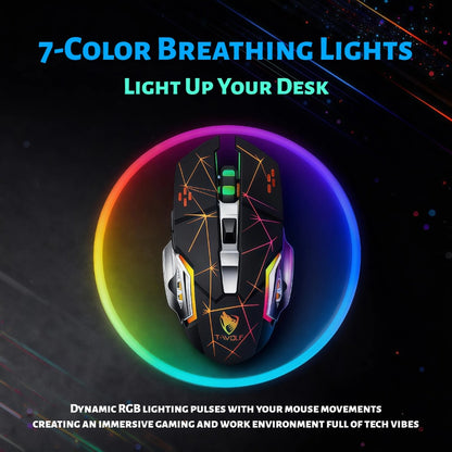 Bluetooth 5.0 2.4G Dual Mode Wireless RGB Gaming Mouse Silent 6 Button Ergonomic USB-C Rechargeable Breathing Light for PC Laptop Mac Tablet Office Gaming Tech Black Star Black White Gray
