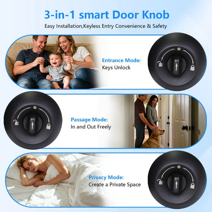 Wireless Smart Door Knob Lock with Fingerprint & App Control - 3-in-1 Biometric Keyless Entry, Auto-Lock, Remote Access Management for Bedroom, Home, Hotel & Office, Easy DIY Install, Black