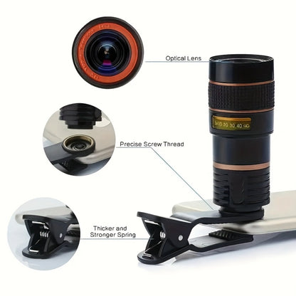 Portable Telephoto Zoom Lens for Smartphone – HD 2-in-1 Wide-Angle & Telephoto Clip-On Mobile Camera Lens, Precision Focus Ring, Universal iPhone & Android Fit, Travel Photography