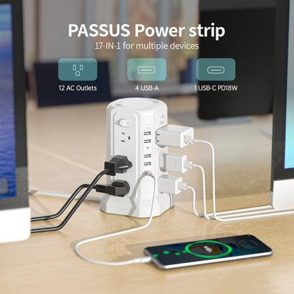 PD18W USB-C Power Strip Tower 21-in-1, 16 AC Outlets & 5 USB Ports, 1500J Surge Protector, Angled Flat Plug, 6ft 13A Extension Cord, Fast Charging Desktop Power Tower for Home Office Dorm – White