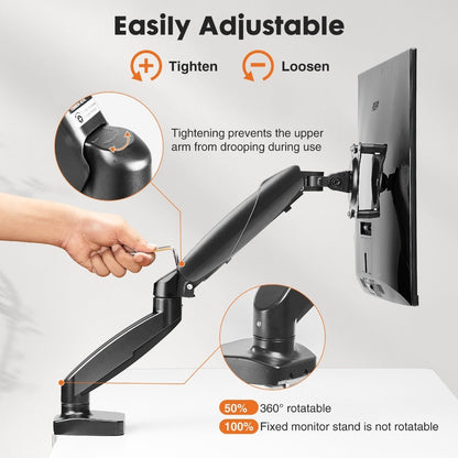 Gas Spring Monitor Arm Single Dual, Ergonomic Desk Mount for 13-32 Inch Screens up to 17.6 lbs, Adjustable Height, 360° Swivel, Full Motion VESA Monitor Stand for Home Office