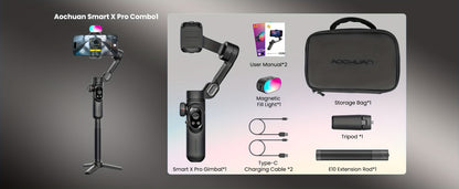 AOCHUAN Smart X Pro Combo 3-Axis Smartphone Gimbal Stabilizer | RGB Fill Light, Extension Rod, OLED Display & Wireless Charging for iPhone 15 14 13 Pro Max, YouTube Vlogging & Live Streaming