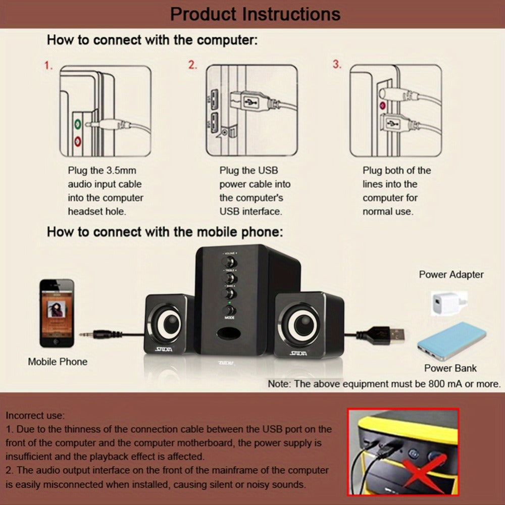 2.1 Mini Desktop Speaker System USB Powered with Independent Treble Bass Control, 3W Wired Subwoofer Speaker for PC Tablet Cellphone Laptop Home Office