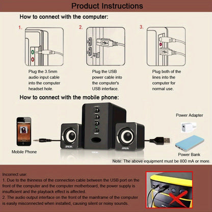 2.1 Mini Desktop Speaker System USB Powered with Independent Treble Bass Control, 3W Wired Subwoofer Speaker for PC Tablet Cellphone Laptop Home Office