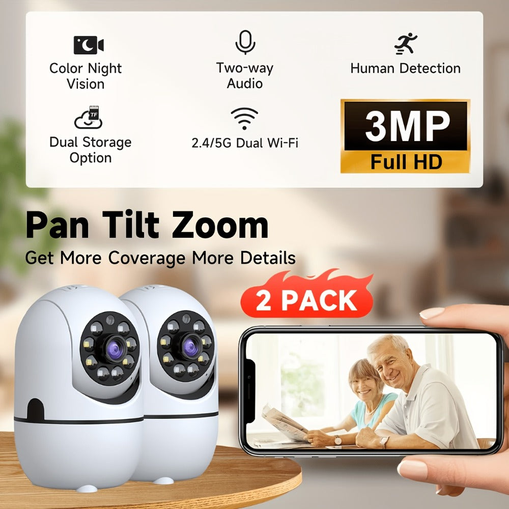 Alexa Compatible Indoor Security Camera 2-Pack, 355° Pan Tilt, Full-Color Night Vision, Dual-Band 2.4G/5G WiFi, Motion Detection, Two-Way Audio, 256GB TF & Cloud Storage – Baby Pet Home Monitor