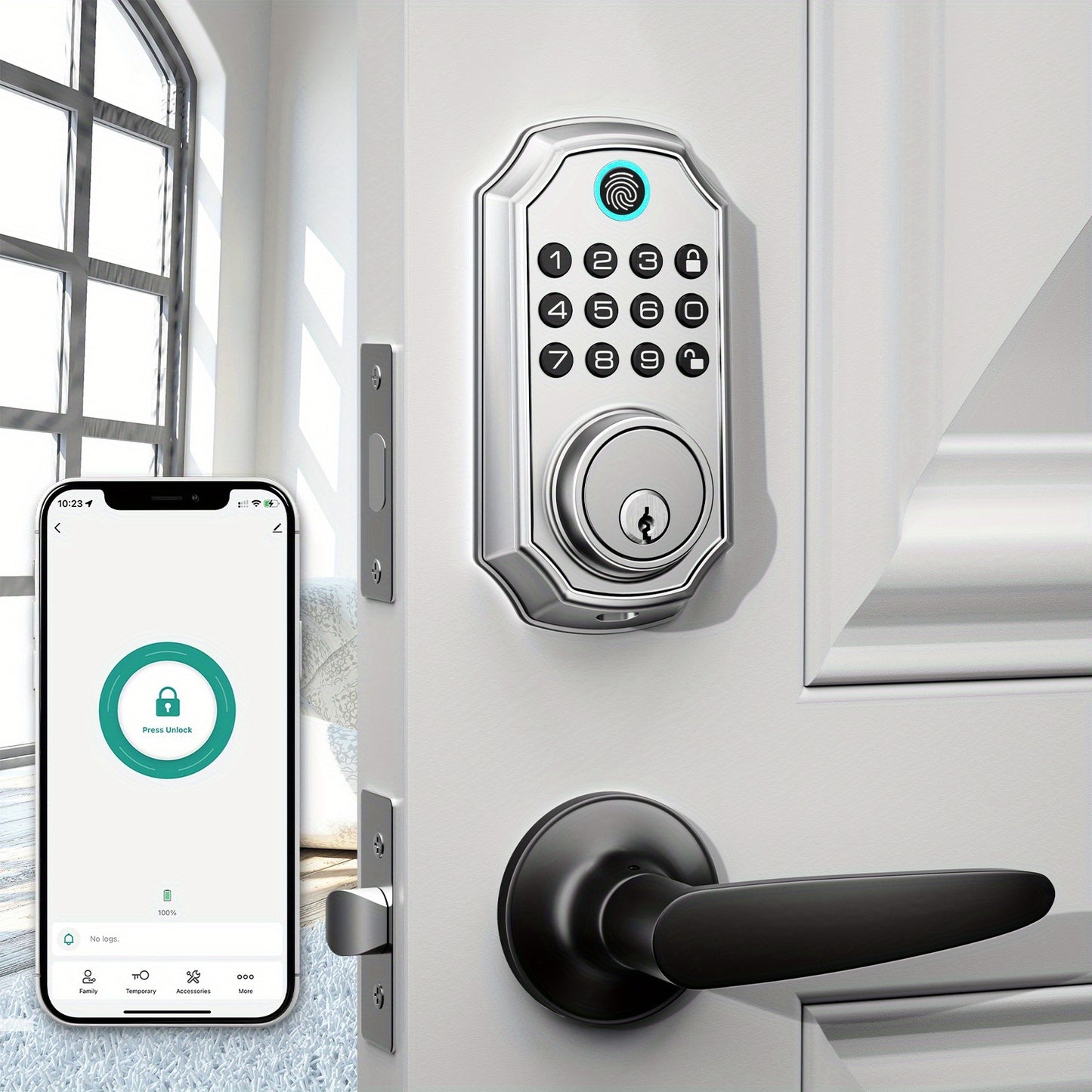100 Code Keypad Door Lock Smart Keyless Entry Deadbolt – Anti-Peep Password, One-Touch Auto Lock, Fingerprint & WiFi Options, Zinc Alloy Front Door Lock, Easy Install, Low Battery Alarm, Black Silver