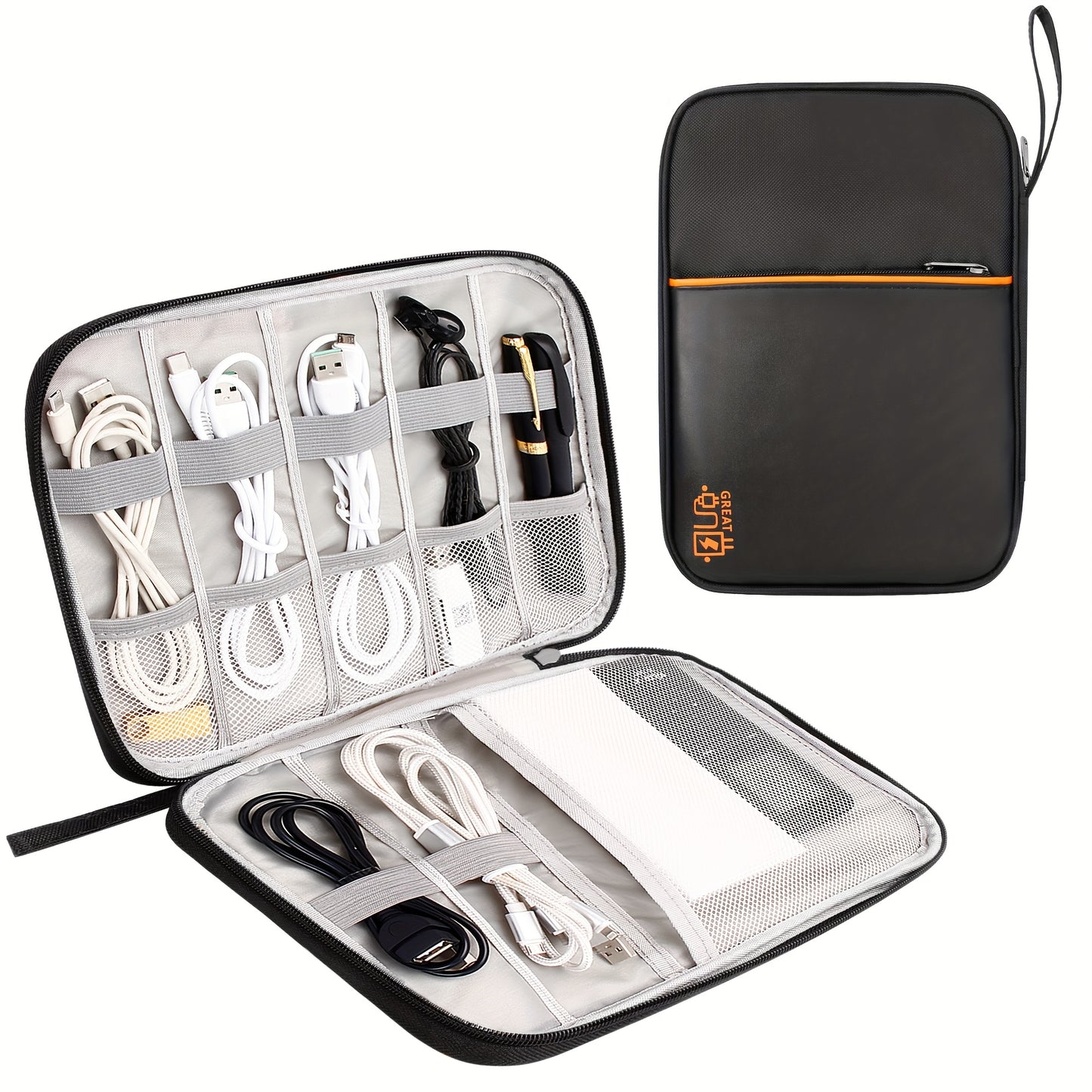 Cable Organizer Bag for Travel Double Layer – Water-Resistant Electronics Case with Removable Dividers | Cables, Chargers, Power Bank & Tablet, Grey & Black