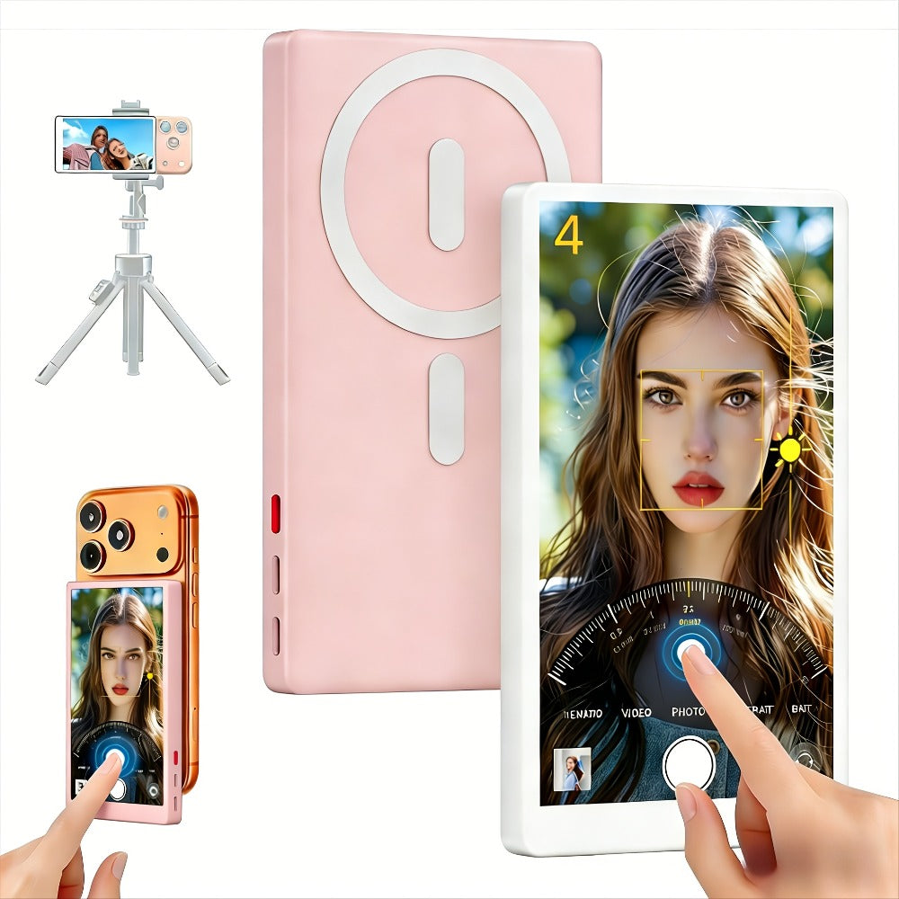 Wireless Selfie Monitor Screen for iPhone Android – 2500mAh Battery, Remote Control, 3-Level Brightness & Wide Screen Mode, Use Phone Rear Camera for Selfie Vlog No-Delay Live Streaming TikTok YouTube