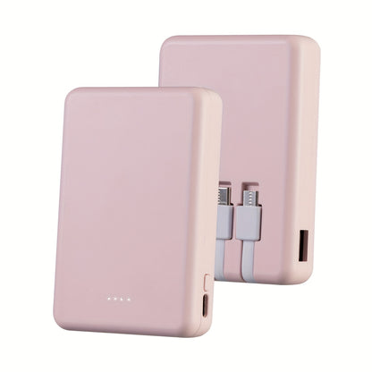 Slim Power Bank 5000mAh / 10000mAh with Built-in USB-C Cable, Charges 4 Devices Simultaneously, LED Indicator – Ultra-Compact Portable Charger for iPhone, Android, Travel, Everyday Carry