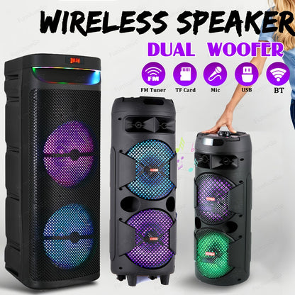 Wireless Party Speaker with Dual Subwoofers & RGB Lighting – FM Radio, USB/TF Card Playback, TWS Stereo Pairing, 20-Hour Battery, Portable Bluetooth Boombox for Outdoor & Indoor Parties