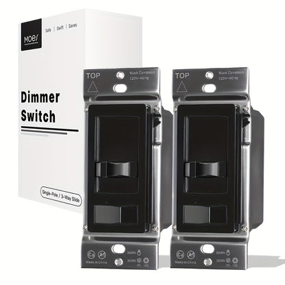 MOES Slide Dimmer Light Switch 3-Way & Single Pole No Neutral Wire – 600W Max, Compatible with LED CFL Incandescent Halogen, On/Off Dimming Control, Bedroom Hallway Living Room, Black & White (2/6-Pack)
