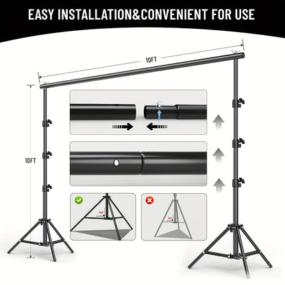 10x10FT Backdrop Stand Kit, 2 Adjustable Background Supports with 4 Crossbars, 4 Clamps and Carrying Bag, Iron Photo Video Studio Stand for Photography, Parties, Decoration