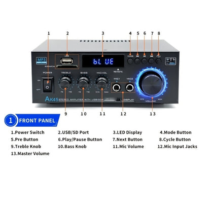 400W Bluetooth 5.0 Stereo Amplifier Receiver AK45, 2-Channel Home Audio Power Amp with Karaoke, FM Radio, USB MMC SD Card, Supports Passive Ceiling Speakers Garage Home Theater Speaker System