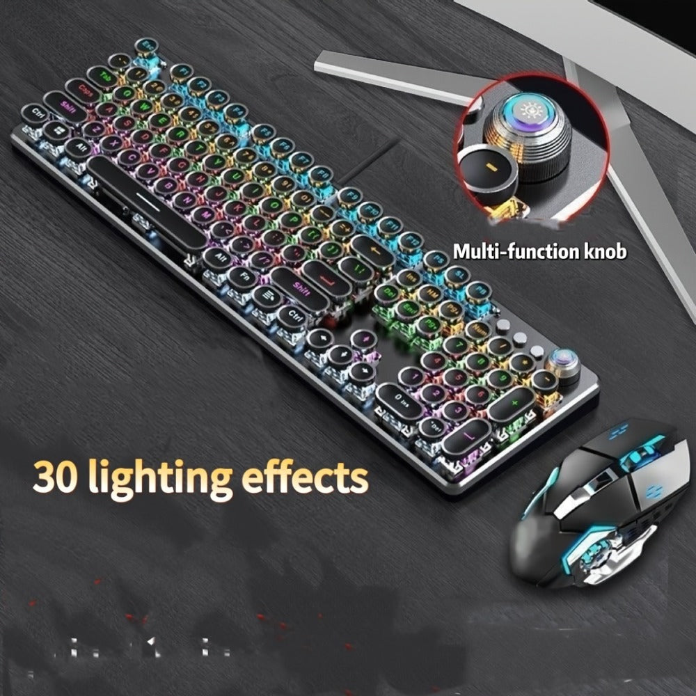 Hot-Swappable Mechanical Keyboard and Mouse Combo 34 Lighting Effects True Mechanical Blue Switches Retro Style USB Wired Aesthetic Gaming Set for Desktop Laptop Windows Mac Gift for Boyfriend Girlfriend