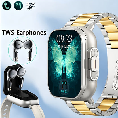 2-in-1 Smartwatch Earbuds Combo Steel & Mesh Strap for Men – Music Control Multiple Sports Modes Activity Tracking Black Silver Rose Gold Black Gold Smart Watch Earphone Gift