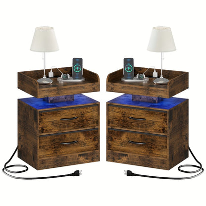 Wooden Nightstand with LED Ambient Light & Charging Station – Fabric Drawer, Blue Glow, Modern Bedside Table for Bedroom Living Room End Table, Black or White (Single or 2-Pack)