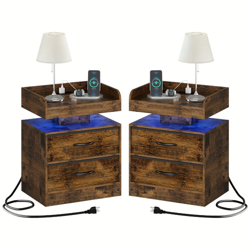 Wooden Nightstand with LED Ambient Light & Charging Station – Fabric Drawer, Blue Glow, Modern Bedside Table for Bedroom Living Room End Table, Black or White (Single or 2-Pack)