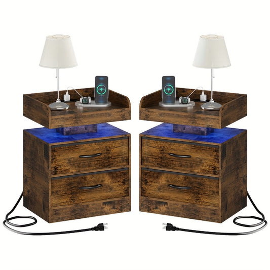 Wooden Nightstand with LED Ambient Light & Charging Station – Fabric Drawer, Blue Glow, Modern Bedside Table for Bedroom Living Room End Table, Black or White (Single or 2-Pack)