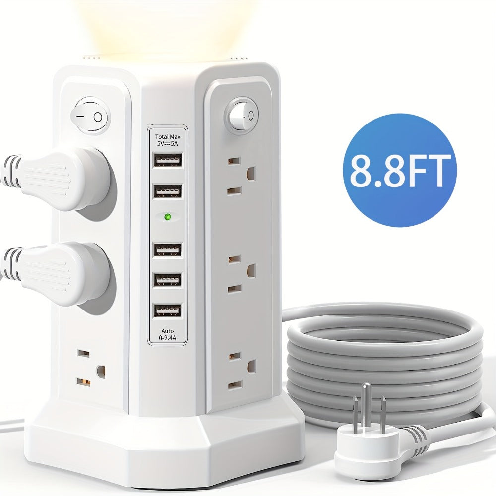 Power Strip Tower Angled Flat Plug 17-in-1 with 12 AC Outlets 4 USB-A 1 USB-C PD 18W 4 Independent Switches 1500J Surge Protector Desktop Extension Cord for Home Office Dorm Room – Black & White