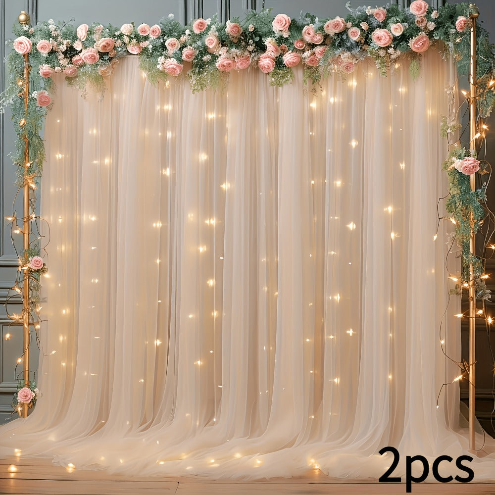Champagne Tulle Backdrop with String Lights 5.2x10Ft 2pcs Sheer Curtain Photo Booth Props Wedding Party Background Decoration Non-Porous