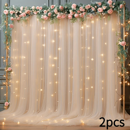 Champagne Tulle Backdrop with String Lights 5.2x10Ft 2pcs Sheer Curtain Photo Booth Props Wedding Party Background Decoration Non-Porous