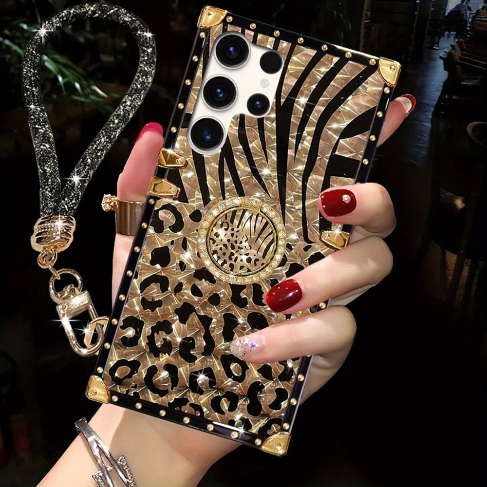 Leopard Print Samsung Galaxy Case Ring Holder Kickstand Anti-Drop Rectangular Cover for Galaxy S25 Ultra Plus S24 Ultra Plus FE S23 Ultra S22 Ultra S21 Ultra A56 A55 A54 A36 A35 A16 A15 A14 – Fashion Girly