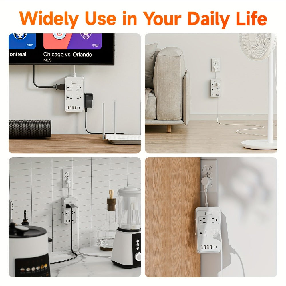 One-Touch Switch Desk Charging Station 14-in-1, 8 Widely Distributed AC Outlets & 6 USB Ports (4 USB-A + 2 USB-C), Surge Protection, Compact Portable Power Strip for Home Office Desktop – Safe & Organized