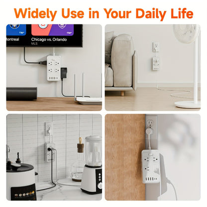 One-Touch Switch Desk Charging Station 14-in-1, 8 Widely Distributed AC Outlets & 6 USB Ports (4 USB-A + 2 USB-C), Surge Protection, Compact Portable Power Strip for Home Office Desktop – Safe & Organized